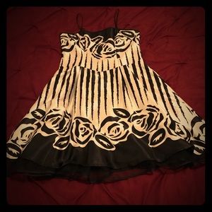 Satin black and white striped dress with roses